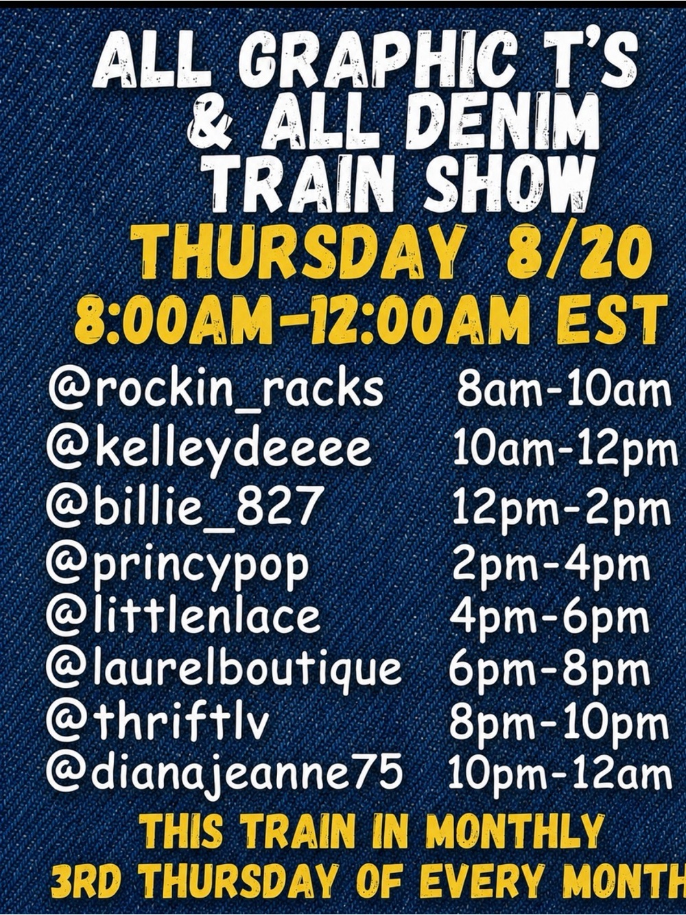 ALL GRAPHIC T’S & ALL DENIM TRAIN SHOW THURSDAY 8/20 8:00am-12:00am EST - Picture 1 of 12